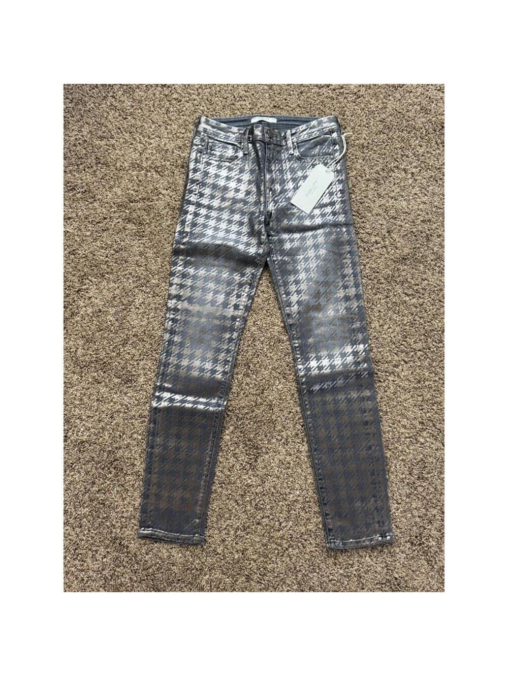 Fidelity Skinny Slim Jeans Silver Black Houndstooth Metallic Button Zip